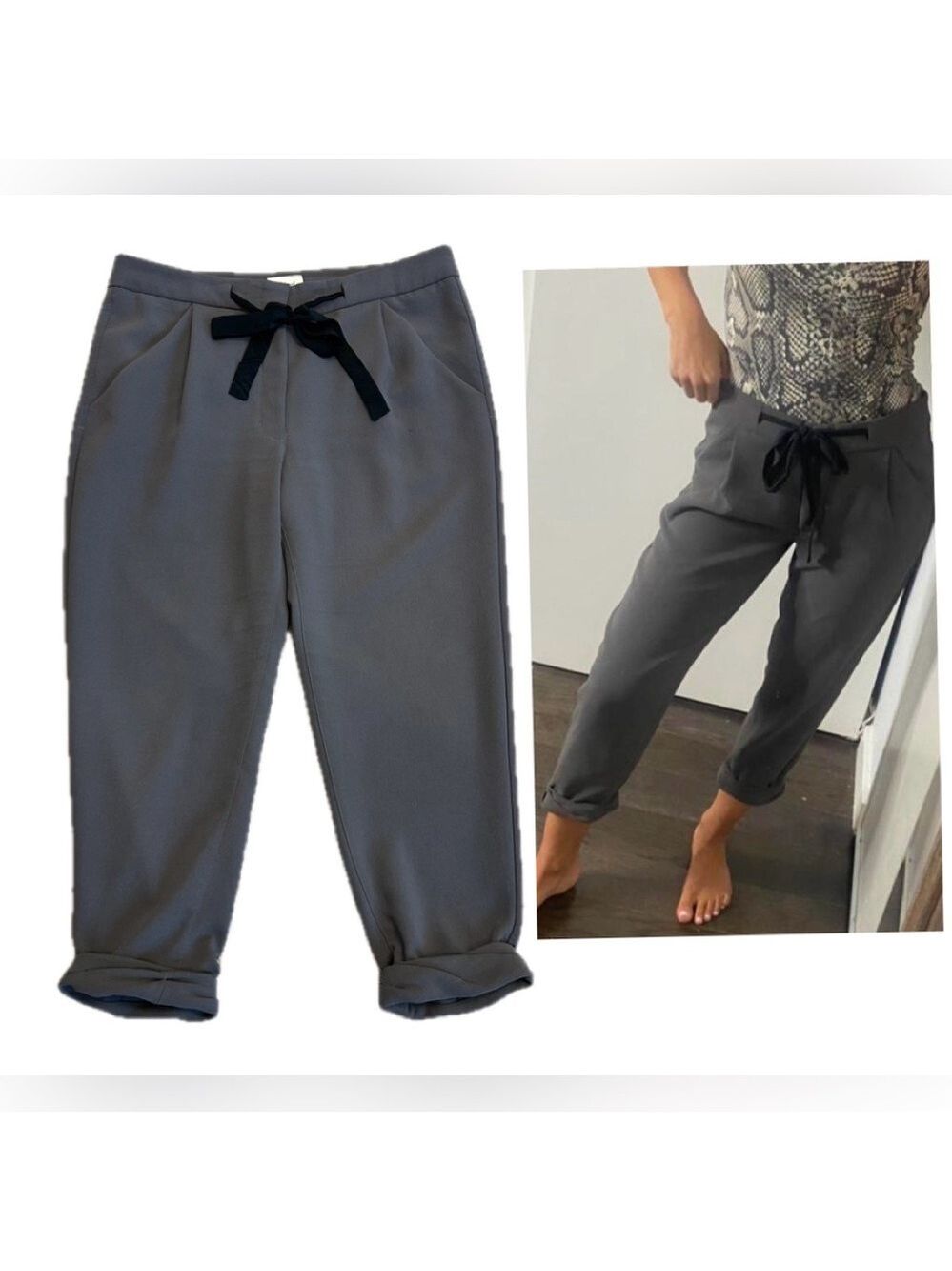 Aritzia Wilfred Allant cropped pants in gray with a black ribbon tie Sz 8